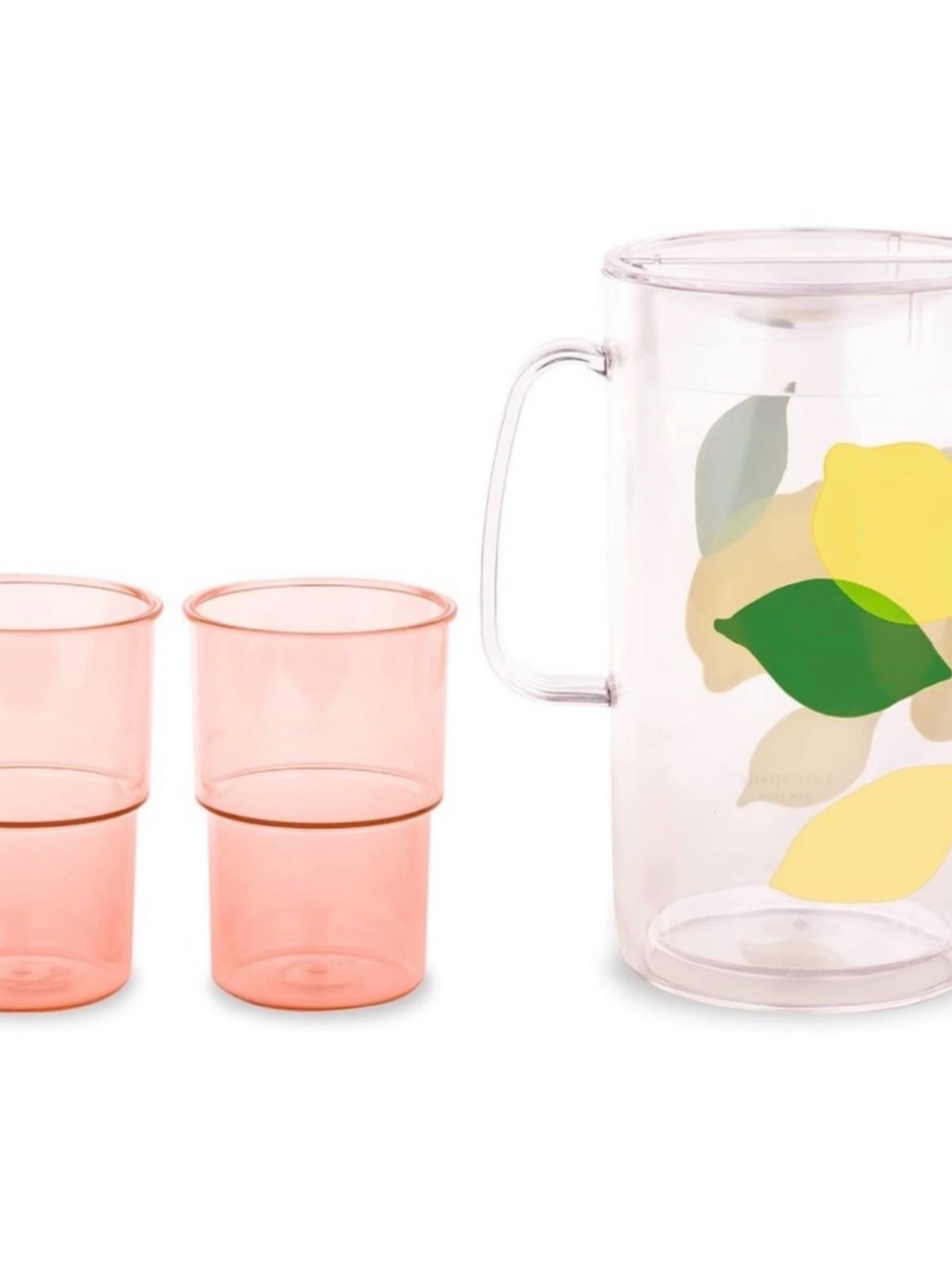 kate spade lemon motif clear pitcher with pink tumblers